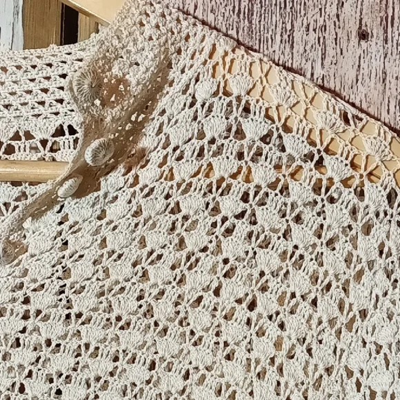 Cream Knit Button-Up Cardigan Crochet Grannyknit Cottagecore Vintage Medium - Picture 3 of 8